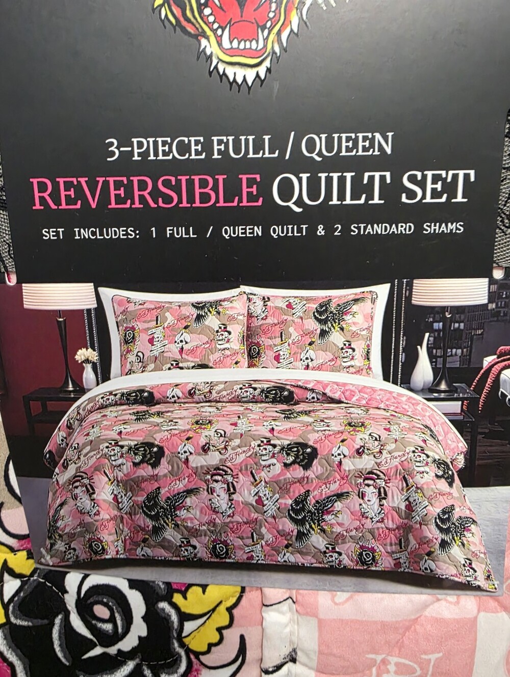 Ed Hardy Queen Eagle Skulls Pink 3 pcs Quilt Set Halloween New